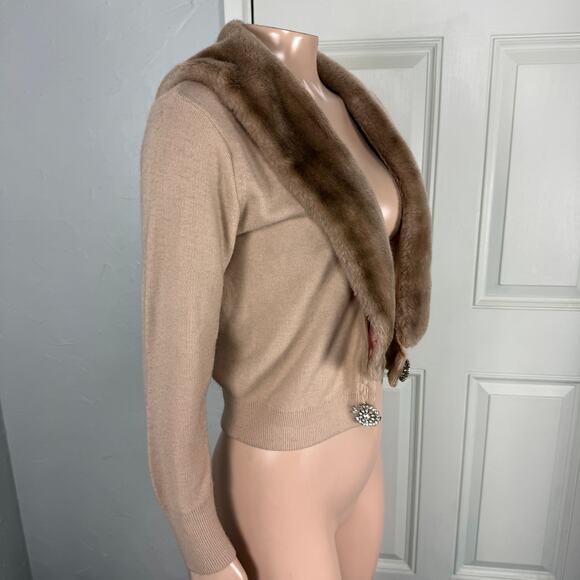 Vintage 60s Turbo Orlon Cashmere Women's Sweater XS/S Cardigan Faux Fur WW9 - Picture 4 of 5